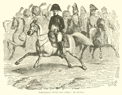 Napoleão com o seu pessoal em Espanha (gravura) de French School