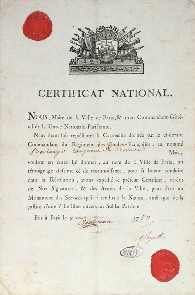 Certificado Nacional de Bom Comportamento durante a Revolução Francesa, 8 de agosto de 1789 em Paris de French School