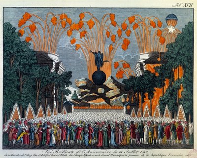 Festa nacional de 14 de julho de 1801 nos Campos Elíseos, Paris: O fogo de artifício toma o lugar da estrela nos Campos Elíseos, em Paris. Impressão de 1801, Paris, Museu Carnavalet de French School