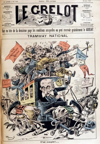 Eléctrico nacional: França descartada entre as idéias de esquerda e direita, caricatura sobre o governo Meline - em "Le Grelot" de 12/06/1898 de French School