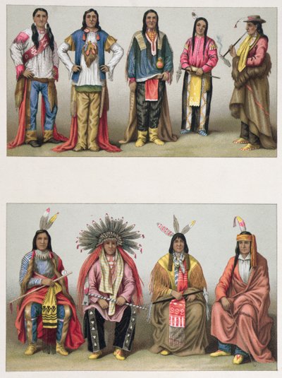 Nativos americanos da Bacia do Mississippi e do Colorado, ilustração de Le Costume Historique de A. Racinet, publicada em Paris 1888 de French School