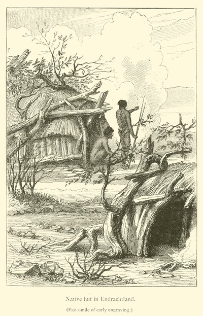 Cabana nativa em Endrachtland (gravura) de French School