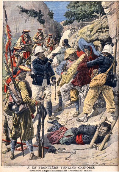 Tropas nativas desarmando os "reformistas" chineses na fronteira com Tonkin, Indochina inglesa. Fronteira Tonkino-Chinesa. Cavaleiros indígenas desarmando os reformistas chineses. Ilustração para o Le petit Journal de French School