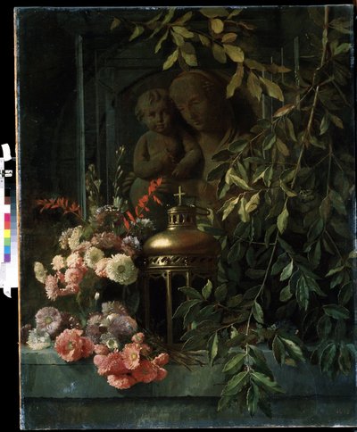 "Natureza morta" (Virgem e criança, lanterna, flores (incluindo cravo), pintura da escola francesa do século XIX. Mikhail Kroshitsky Art Museum, Sevastopol (Sebastopol) Ucrânia de French School