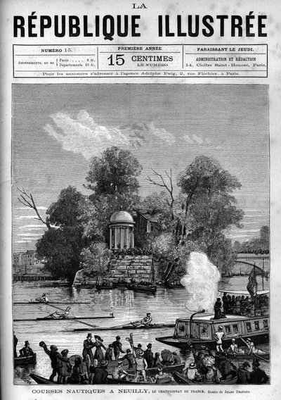 Corridas náuticas: campeonato francês de remo organizado no Sena de frente para a Ile de la Grande Jatte, em Neuilly. Um jornal. Gravura de 1880 na colecção privada "La republique illustree". de French School
