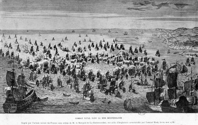 Batalha naval no Mar Mediterrâneo, ganha pelo exército naval da França por ordem do Marquês de La Galissonnière, sobre a da Inglaterra comandada pelo Almirante Bink, 20 de Maio de French School
