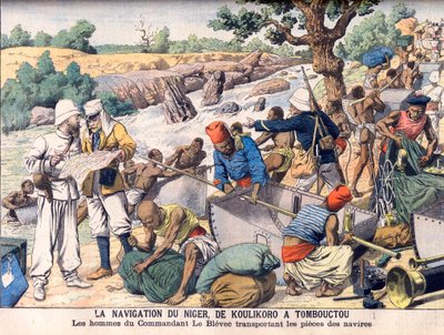 Navegando no rio Níger entre Koulikoro e Timbuktu. Uma expedição comandada pelo Comandante Le Blevec que transporta barcos em seções em torno de corredeiras. A navegação do Níger, de Koulikoro até Timbuktu. Os homens do Comandante Le Blevec transportando p de French School