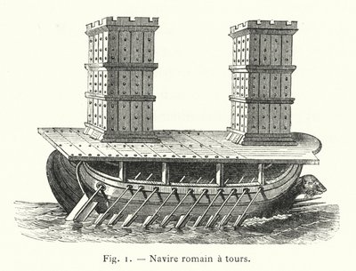 Navio romano com torres (gravura) de French School