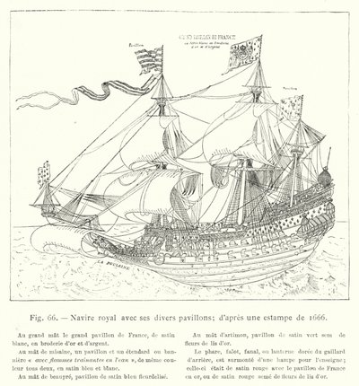 Navio real com as suas várias bandeiras; de uma gravura de 1666 de French School