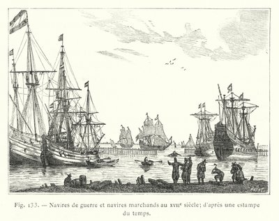 Navios de guerra e navios mercantes no século XVII; de uma gravura da época de French School