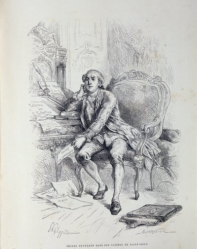Necker no seu escritório em Saint-Ouen, rodeado de notas "Reforma de Gabelles", "Impostos", "Abolição das Alfândegas", etc. de French School