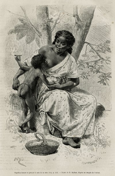 Negillon fumando e levando o peito de sua mãe, na região de Darien (leste do Panamá), gravando após um desenho de D.Maillart, para ilustrar a história Exploration at the isthms of Panama and Darien, de A. Reclus, tenente de navio, de 1876 a 1878 de French School
