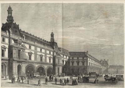 Novos Edifícios das Tuilerias na Place du Carrousel (gravura) - Le nouveau Louvre - facade du cote de la place du Carrousel et salle des États gravura de 1869 de French School