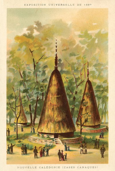 Nova Caledônia (cabanas de Kanak), Exposição Universelle 1889, Paris (chromolitho) de French School