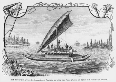 Nova Caledônia, piroga da ilha de pinheiros, depois de uma caneta e tinta desenho de um deportado, ilustração do boletim Les Missions Catholiques, 1893 de French School