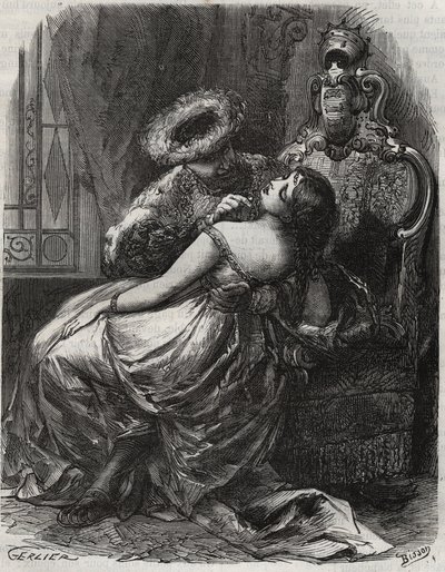 Belo pescoço! Que um carrasco ficaria feliz em cortá-lo! Rei Henrique VIII de Inglaterra (1491-1547) com sua esposa, Catherine Parr (1512-1548). Gravura de 1871 em "Histoire Des Cocus Celebres" de Henrique de Kock (1819-1892). de French School
