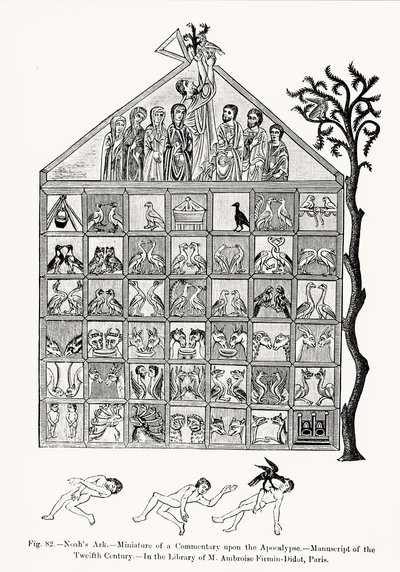 Arca de Noé, miniatura de um Comentário sobre o Apocalipse, ilustração da Ciência e Literatura na Idade Média e Renascença, escrita e gravada por Paul Lacroix, 1878 (bw phot de French School