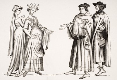 Noble Lady e Maid of Honor e Two Burgesses, depois de uma miniatura em &39;Maravilhas do Mundo&39;, de &39;A Idade Média e o Renascimento&39; de Paul Lacroix (1806-84) publicaram 1847 de French School