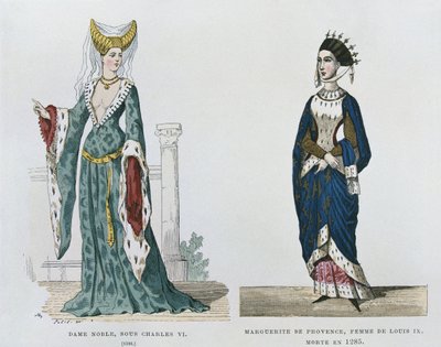 Nobre, sob o reinado de Carlos VI, Marguerite de Provence, esposa de Luís IX, morta em 1285, de trajes civis e militares dos franceses através dos séculos de French School