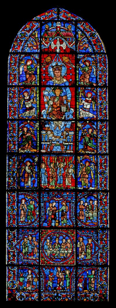 Notre Dame de la Belle Verriere; abaixo estão cenas do casamento de Caná e a tentação de Cristo no deserto (w30a) de French School
