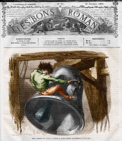 Série de romances: "Notre Dame de Paris" de Victor Hugo (1802-1885). Quasimodo na torre do sino. Gravação em "Les bons romances". de French School