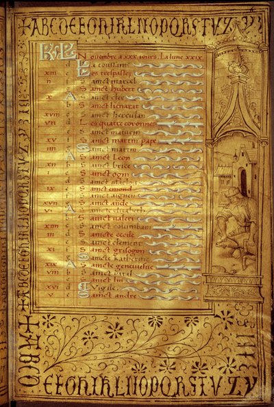 Página do calendário de novembro: representação de um camponês a descobrir um porco. Manuscrito francês de French School