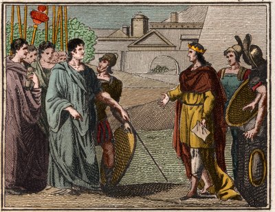 Numa Pompilius, lendário segundo rei de Roma, devolve o escudo sagrado aos padres de Marte. de French School