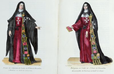 Freiras da Ordem de São João de Jerusalém, ilustração da História e Trajes de Ordens Monásticas de Padre Helyot, 1842 de French School