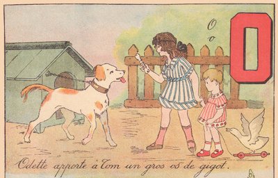 Odette traz para Tom um grande osso da perna, por volta de 1920 (gravura) de French School