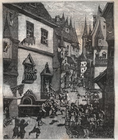 Em 20 de Maio de 1636 oito falsificadores foram presos na rue Champfleuri por dois comissários de polícia acompanhados por uma dúzia de sargentos - em "Paris a travers les siecles" de Nicolas Jules Henri Gourdon de Genouillac (1826-1898) de French School