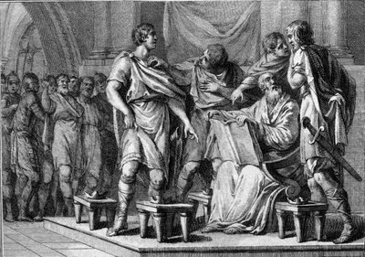 Na morte de Clotaire (Clothaire) 1st, Rei dos Francos, seus quatro filhos receberam parte do reino cada um. Seus nomes são Caribert 1er ou Charibert (ca. 520-567), Gontran 1er (ca. 545-592), Sigebert I (535-575) e Chilperic I (ca. 539-584). Gravação de French School