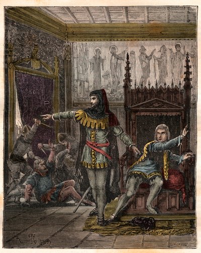 Cem anos de guerra: "O golfinho Charles (então Charles V) (1338-1380) (o primeiro golfinho da França) e Etienne Marcel (1302/1310-1358) que assassinaram dois ministros (marechaux) Robert de Clermont e Jean de Conflans na sala do golfinho francês em de French School