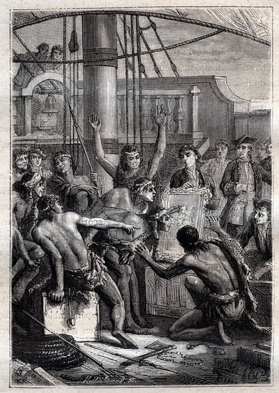 Só um espelho tinha o dom de excitar o seu espanto: A Viagem de Samuel Wallis (1728-1795) na Polinésia - indigenes etonnes por um espelho - ilustração tirada de "Os Grandes Marinheiros do século XVIII". de French School