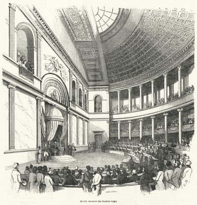Abertura da Câmara dos Representantes, a Câmara Baixa do Parlamento Belga (gravura) de French School