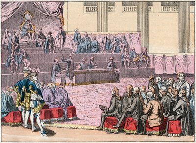 Abertura do General das Fazendas em Versalhes em 5 de Maio de 1789 reunindo as Três Ordens (o Porteiro, a Nobreza e o Terceiro Estado) - Abertura do General das Fazendas em 5 de Maio de 1789 - Gravura do final do século XIX em "Nos Gires Nationales de French School