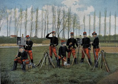 Seança telegráfica óptica - em "Álbum Militar" - serviço doméstico: cavalaria de French School