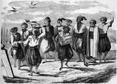 Festa ortodoxa: Danças da Páscoa grega no Grande Campo dos Mortos em Constantinopla. Gravura no "Le Monde Illustré" n°52 de 10 de Abril de 1858. de French School