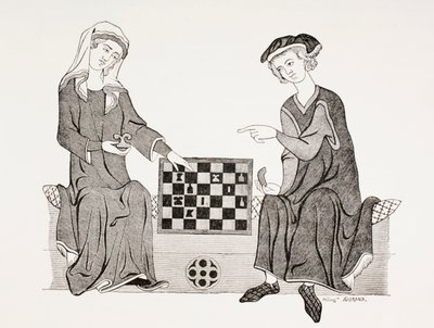 Othon IV, Marquês de Brandemburgo, jogando xadrez com sua esposa Hedwige de Habsbourg, de &39;Les Arts au Moyen Age&39;, publicado em 1873 de French School