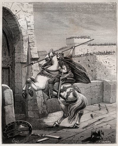 Otto II, Santo Imperador Romano antes de Paris - Otton II do Santo Império, conhecido como o Roux (955-983) irrita não poder penetrar em Paris (sede de Paris, 978), avança sob as muralhas da cidade para plantar a sua lança na porta - gravando em de French School