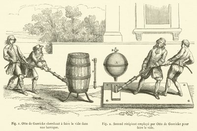 Otto de Guericke tentando esvaziar um barril, Segundo recipiente usado por Otto de Guericke para esvaziar (gravura) de French School