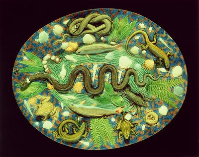 Prato Oval com peixes e répteis, reprodução de mercadorias de Bernard Palissy (louça de barro) de French School