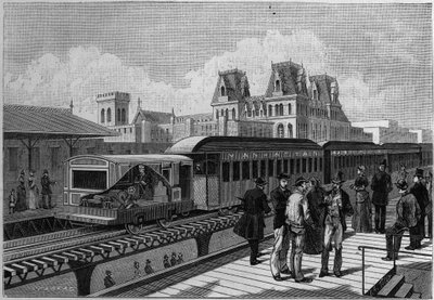 Visão geral da estação ferroviária Elevated Railroad e do trem elétrico em Nova York, EUA. Gravura em "La Nature. Revue des sciences et de ses applications aux arts et a l