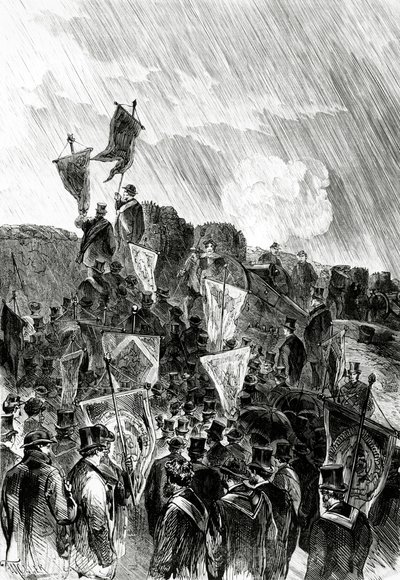 Manifestação Pacifista sobre as fortificações dos maçons em 28 de abril de 1870 para exigir a cessação do bombardeio de Paris, do Le Monde Illustré, 5 de maio de 1870 de French School