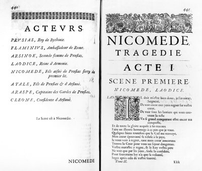 Página do primeiro ato de Nicomede por Pierre Corneille (1606-84) de French School