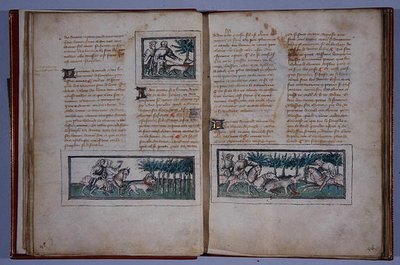 Páginas 57 e 58, de Le Livre du Roy Modus e de la Royne Racio, de Henri de Ferrières, c.1420 (caneta e tinta e wc sobre papel) de French School