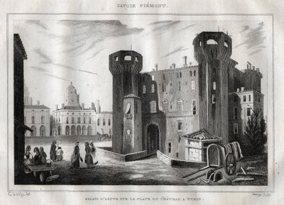 Palácio de Aosta na Place du Chateau em Turim - Gravura de "Itália Pitoresca" - Pintura Histórica e Descritiva da Itália" de M. de Norvins, Ch. Nodier 1834-1836. de French School