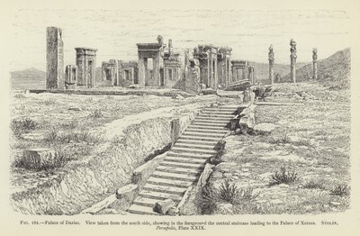 Palácio de Dario, vista tirada do lado sul, mostrando em primeiro plano a escadaria central que leva ao Palácio de Xerxes de French School