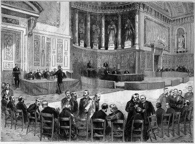 Palais du Luxembourg em Paris: eleição de 30 de Janeiro para a eleição dos senadores do departamento do Sena. De pé, o presidente de uma mão é reconhecido como Victor Hugo (1802-1885), político. Gravura em "L