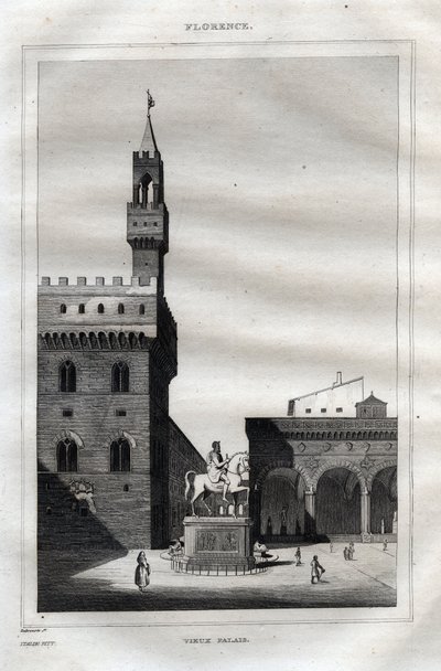 Palazzo vecchio em Florença - Piazza della Signoria - Gravura da "Pitoresca Itália" - Pintura histórica e descritiva da Itália" de M. de Norvins, Ch. Nodier 1834-1836. de French School