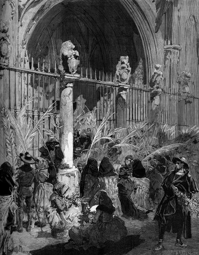 Domingo de Ramos em Espanha: venda de palmeiras beníticas em frente à catedral de Toledo. Gravura de Virgem em "O Mundo Ilustrado" n°1200 de 27 de Março de 1880. de French School